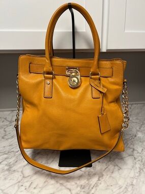 Michael Kors Mustard Yellow Pebbled Leather Tote with Gold Hardware